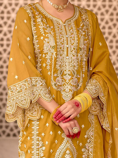 Floral Embroidered Zari Organza Kurta With Trousers And Dupatta