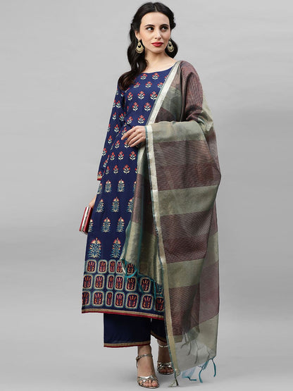 Women Navy Blue & Grey Printed Kurta with Patiala & Dupatta