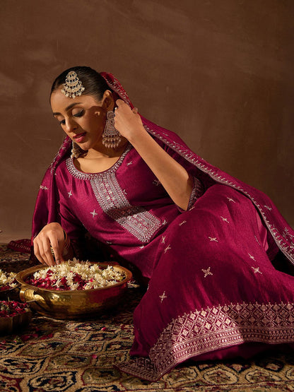Dhiyona IE Maroon Ethnic Motifs Embroidered Thread Work Kurta with Trousers & Dupatta