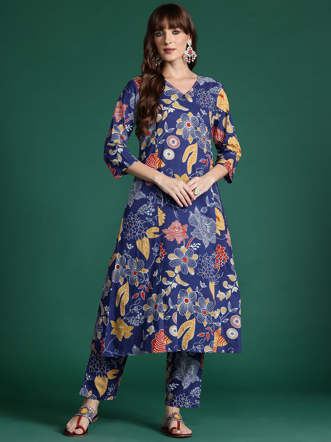 Floral Printed Pure Cotton Kurta with Trousers