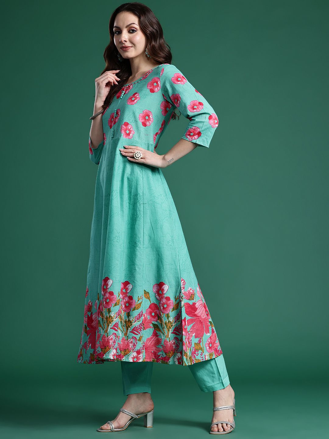 Floral Printed Pure Cotton Kurta with Trousers & Dupatta