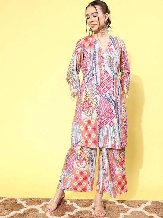 Dhiyona VA Women'sGrey & Pink Abstract Printed A-Line Kurta With Palazzos