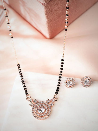 Dhiyona RJ Women's 18K Rose Gold-Plated Cubic Zirconia Studded Mangalsutra Set with Black Beads