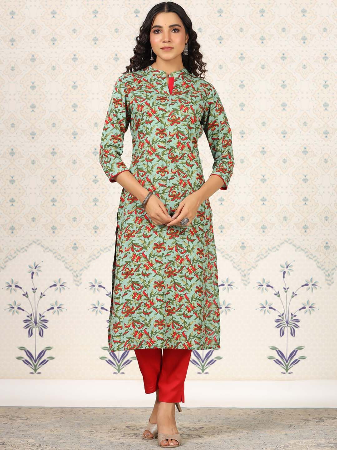 Dhiyona OD  Green Floral Printed Straight Kurta