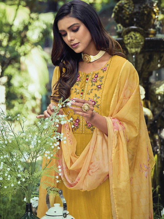 Dhiyona IE Yellow Yoke Design Thread Work Pure Cotton Kurta With Trousers & Dupatta