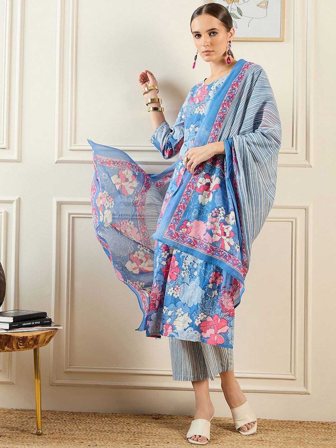 Floral Printed V-Neck Pure Cotton Straight Kurta With Trousers & Dupatta