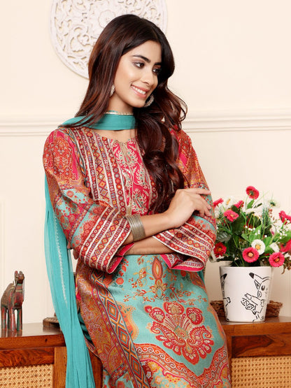 Dhiyona VA Women'sEthnic Motifs Printed Chanderi Silk Kurta With Trousers And Dupatta