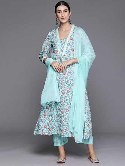 Dhiyona VA Women's Floral Printed Empire Mirror Work Cotton Kurta with Trousers & With Dupatta