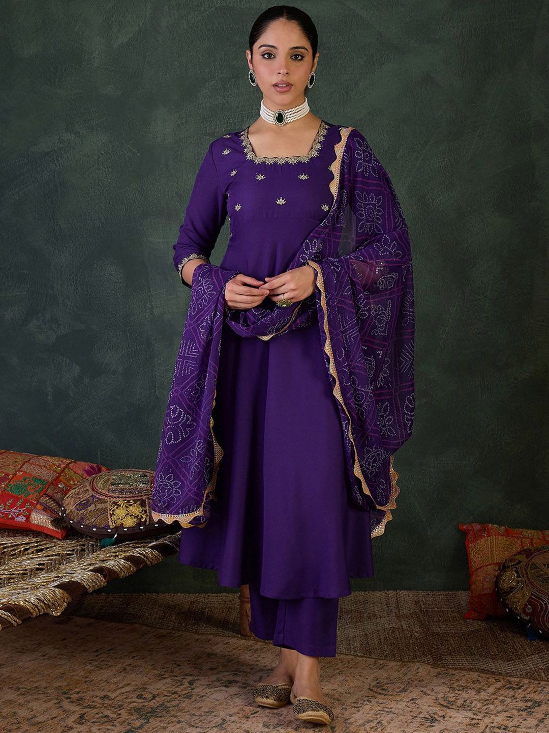 Dhiyona IE Embroidered Square Neck Anarkali Kurta With Trousers And Dupatta