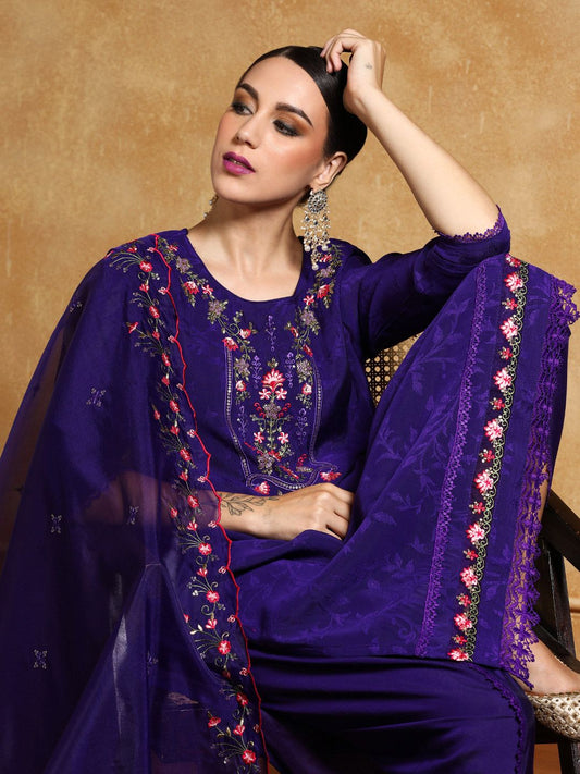 Dhiyona VA Women's Floral Embroidered Regular Kurta with Dhoti Pants & With Dupatta