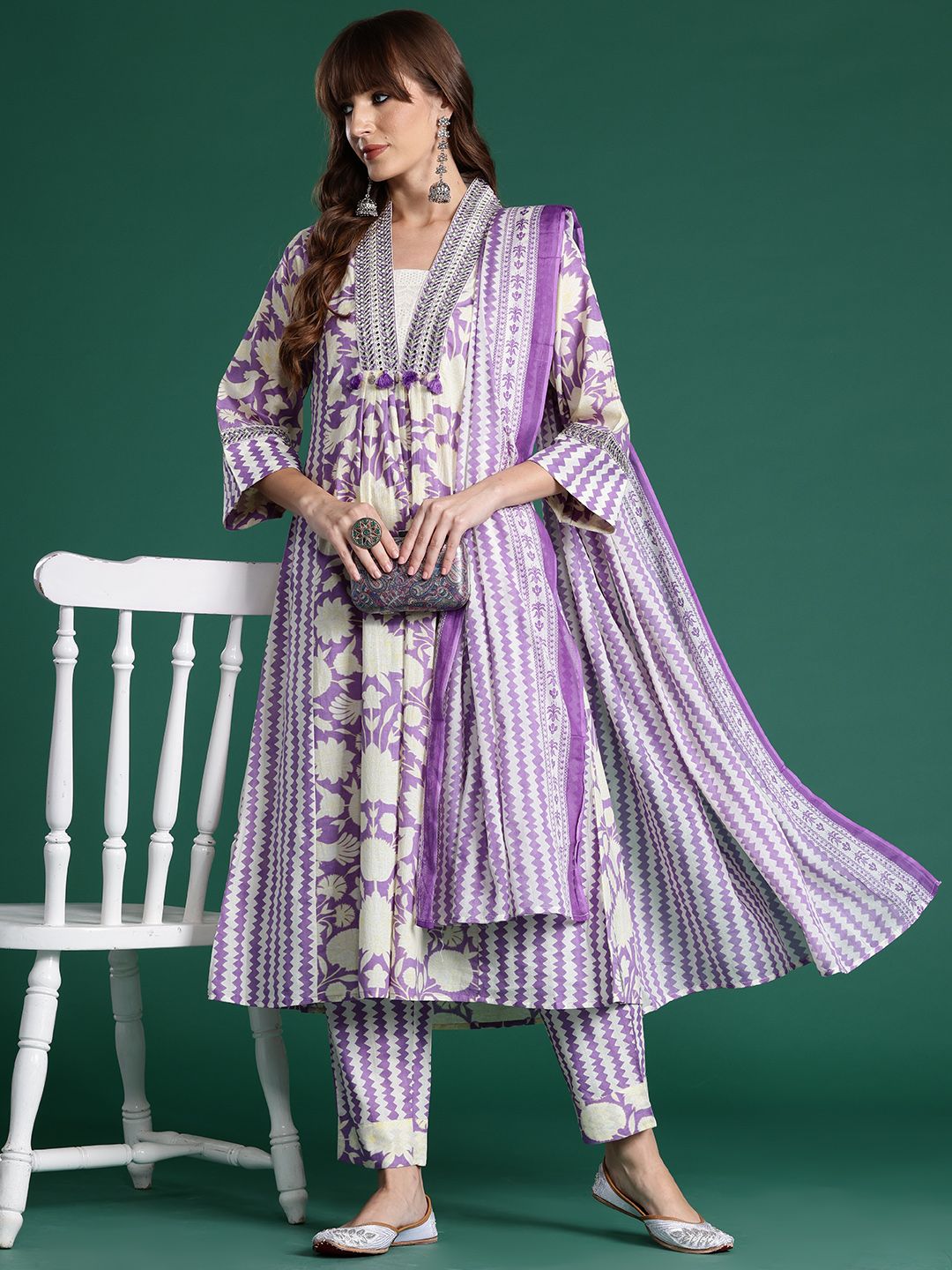 Dhiyona IE Floral Printed Panelled Mirror Work Pure Cotton Kurta With Trousers & Dupatta