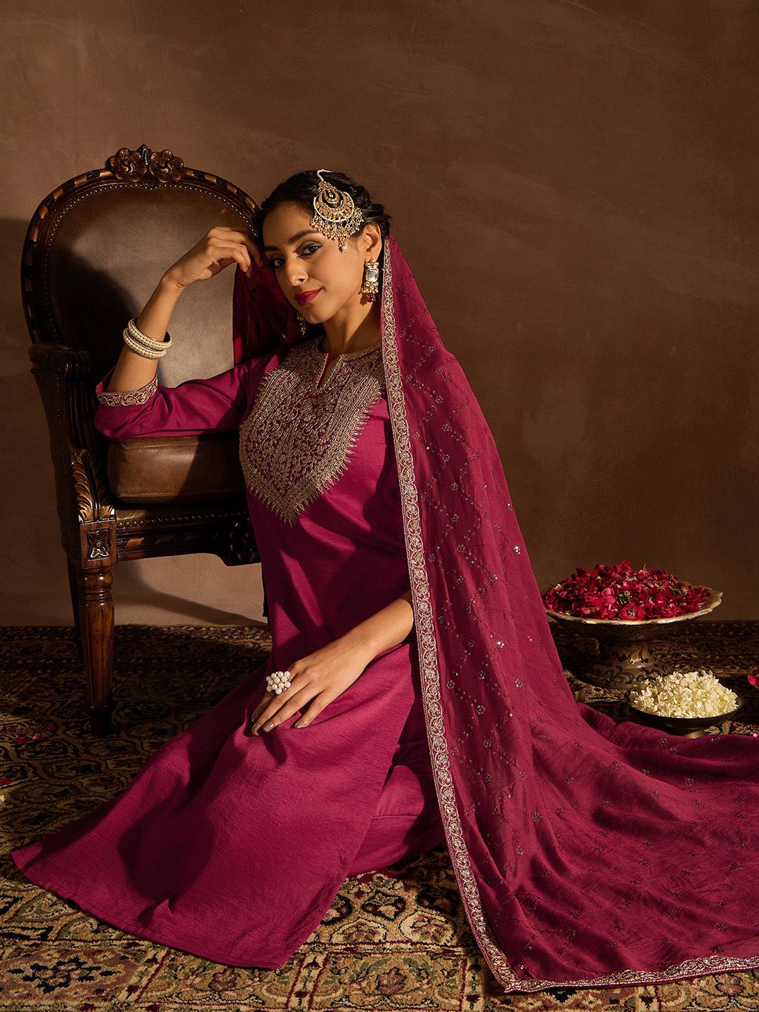 Dhiyona IE Red Floral Embroidered Regular Kurta with Trousers & Dupatta