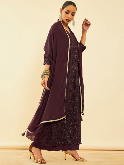Dhiyona SO Women's Floral Embroidered Sequinned Kurta With Palazzos & Dupatta