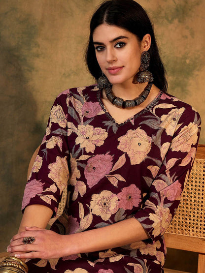 Dhiyona IE Floral Printed V-Neck Cotton Straight Kurta