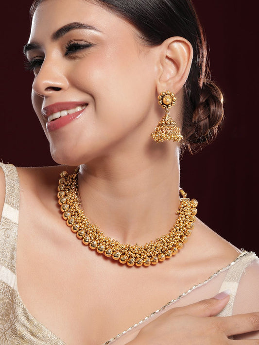 Dhiyona RJ Women's 22K Gold-Plated Golden Beads Studded Beaded Traditional Jewellery Set