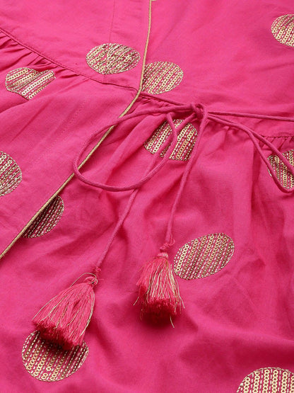 Dhiyona PD Women Women Angrakha Sequinned Pure Cotton Jashn Kurta with Skirt & Dupatta