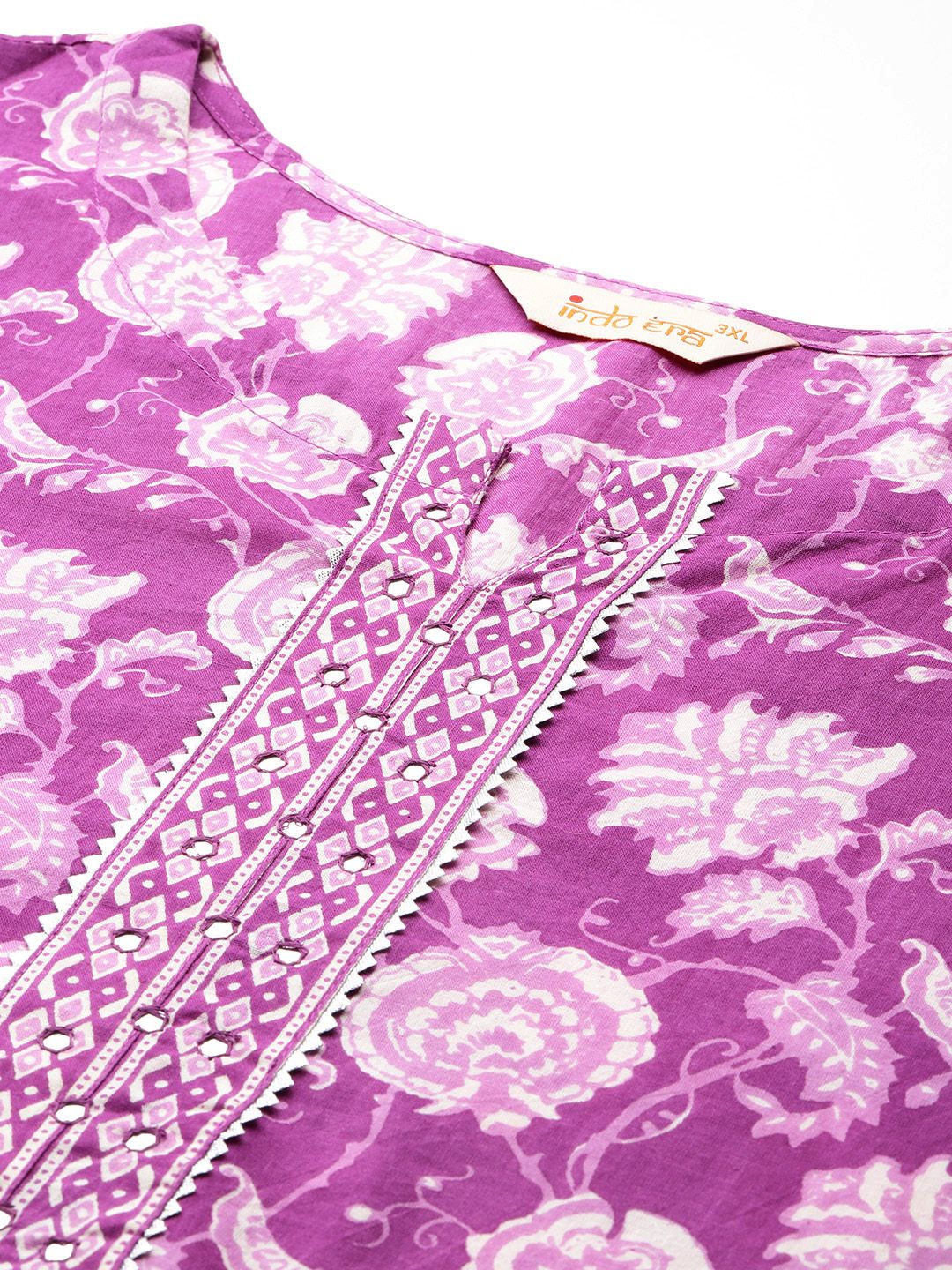 Dhiyona IE Plus Size Floral Printed Mirror Work Pure Cotton Kurta Set
