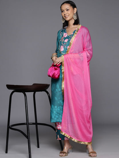 Dhiyona VA Women's Floral Printed Regular Gotta Patti Kurta with Trousers & Dupatta