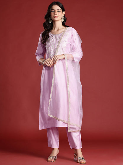 Dhiyona IE Ethnic Motifs Embroidered Thread Work Liva Kurta with Trousers & Dupatta