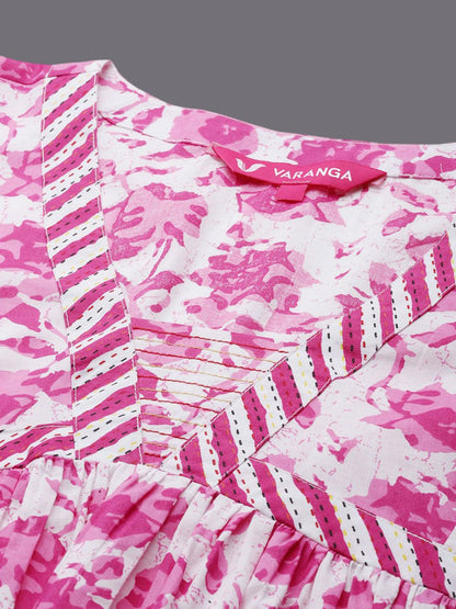 Dhiyona VA Women'sPink Floral Printed Thread Work Pure Cotton Kurta With Palazzos & Dupatta