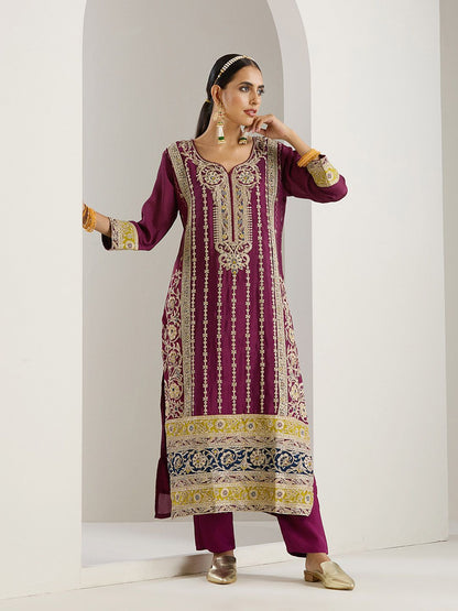 Dhiyona IS Women's Purple Ethnic Motifs Embroidered Chinon Straight Kurta With Trousers & Dupatta