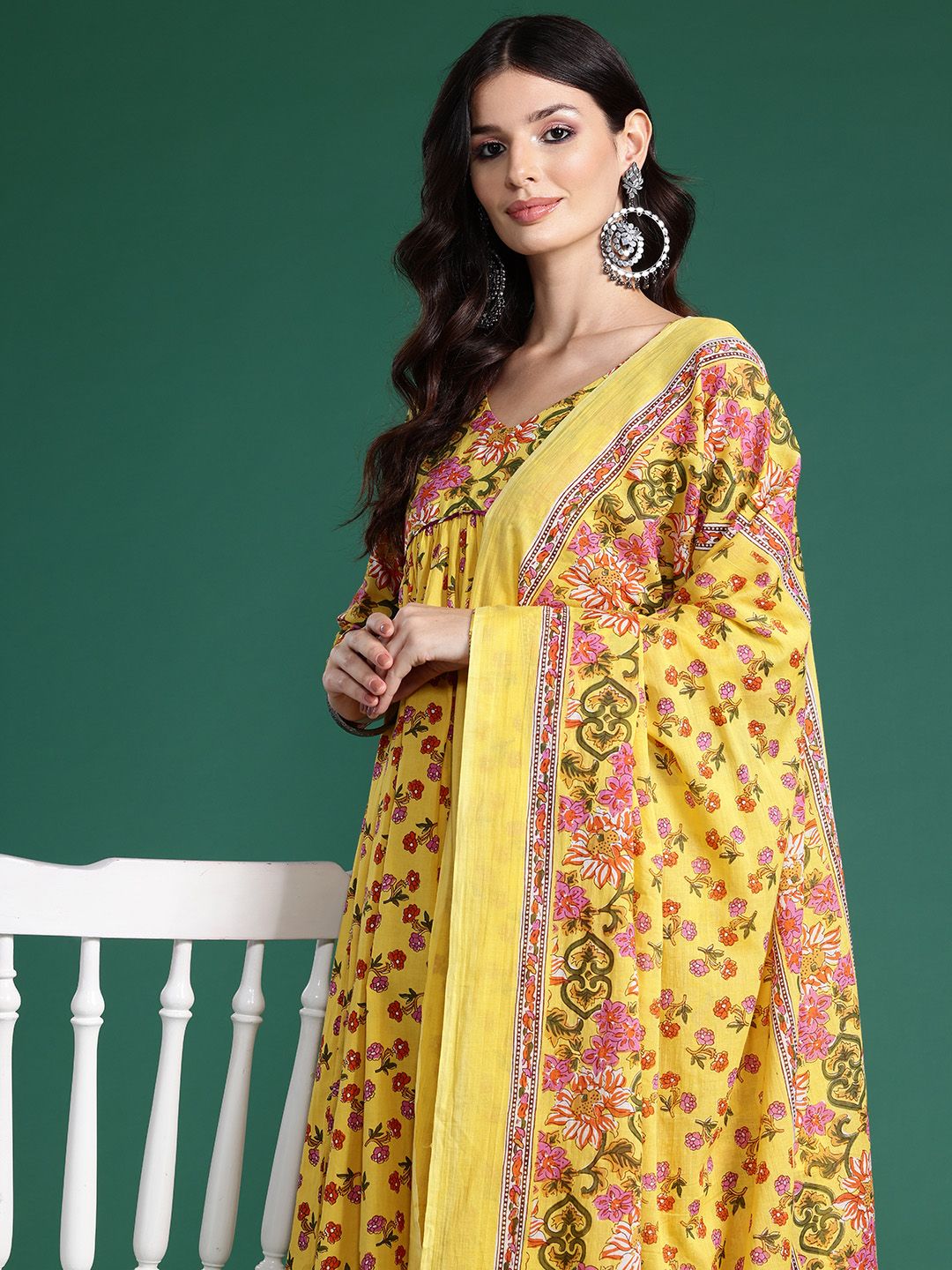 Dhiyona IE Floral Printed Empire Gotta Patti Pure Cotton Kurta With Trousers & Dupatta