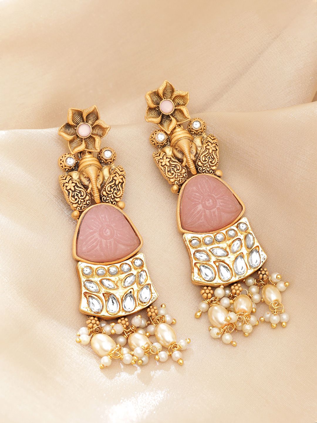 Dhiyona RJ Women's 18K Gold-Plated Pastel Pink Gemstone & Kundan Studded Ganesh Motif Drop Earrings