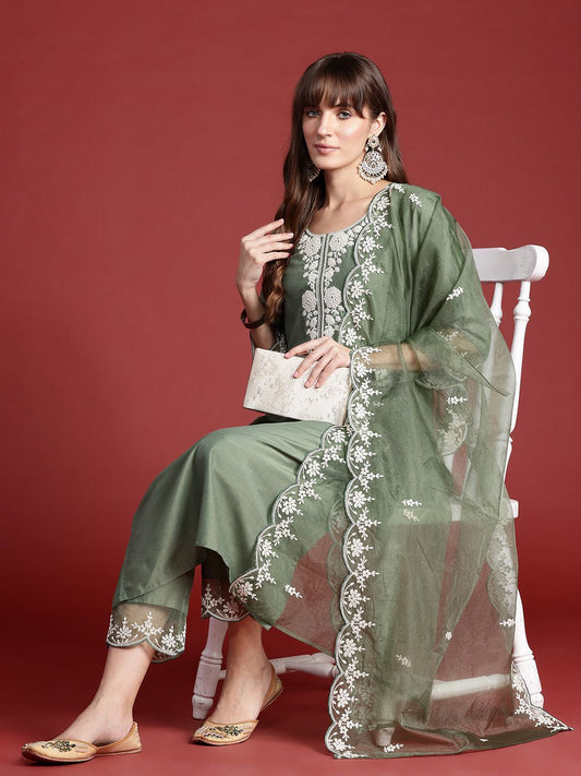 Dhiyona IE Floral Embroidered Thread Work Kurta With Trousers & Dupatta