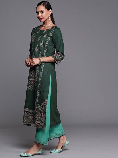 Women Green Ethnic Motifs Foil Printed Straight Kurta With Palazzo Set