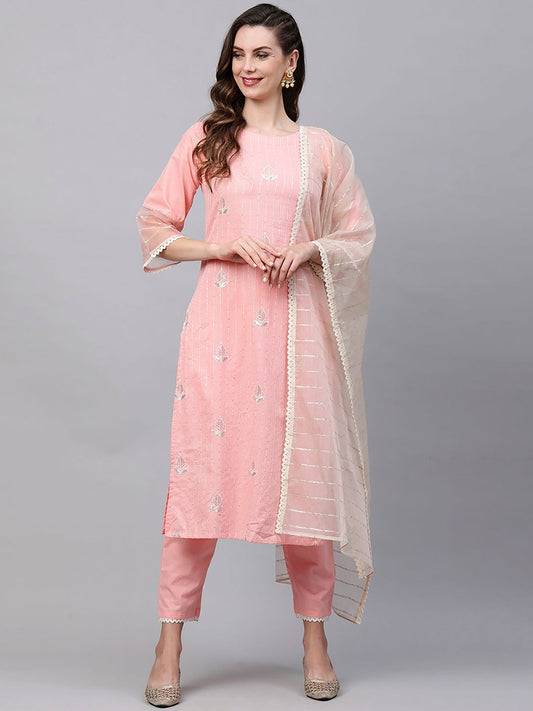 Women Pink & Off White Embroidered Kurta with Trousers & With Dupatta