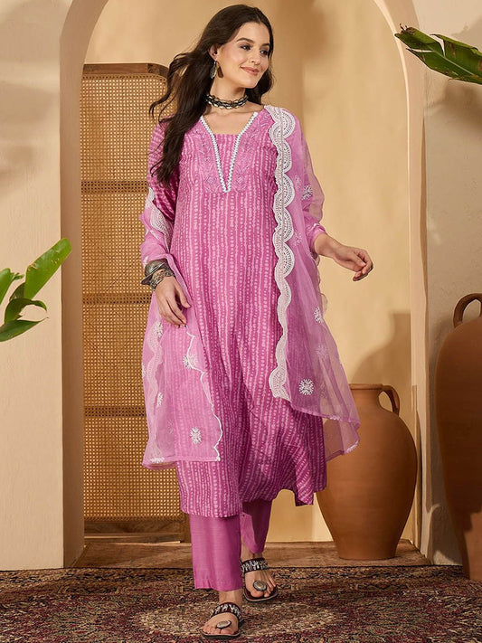 Dhiyona SN Women's Abstract Printed & Embroidered V-Neck A-Line Kurta With Trousers And Dupatta