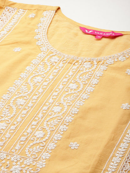 Dhiyona VA Women's Embroidered Sequinned Pure Cotton Kurta with Trousers & Dupatta