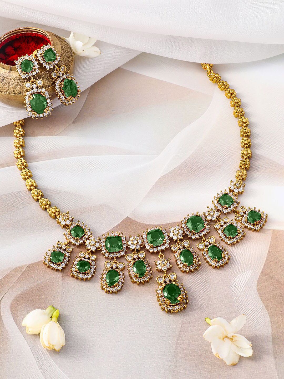 Dhiyona RJ Women's 22K Gold-Plated Emerald Green Stone & Sparkling Cubic Zirconia Studded Necklace Set