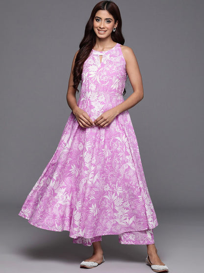 Dhiyona VA Women's Floral Printed Empire Pure Cotton Anarkali Kurta with Trouser