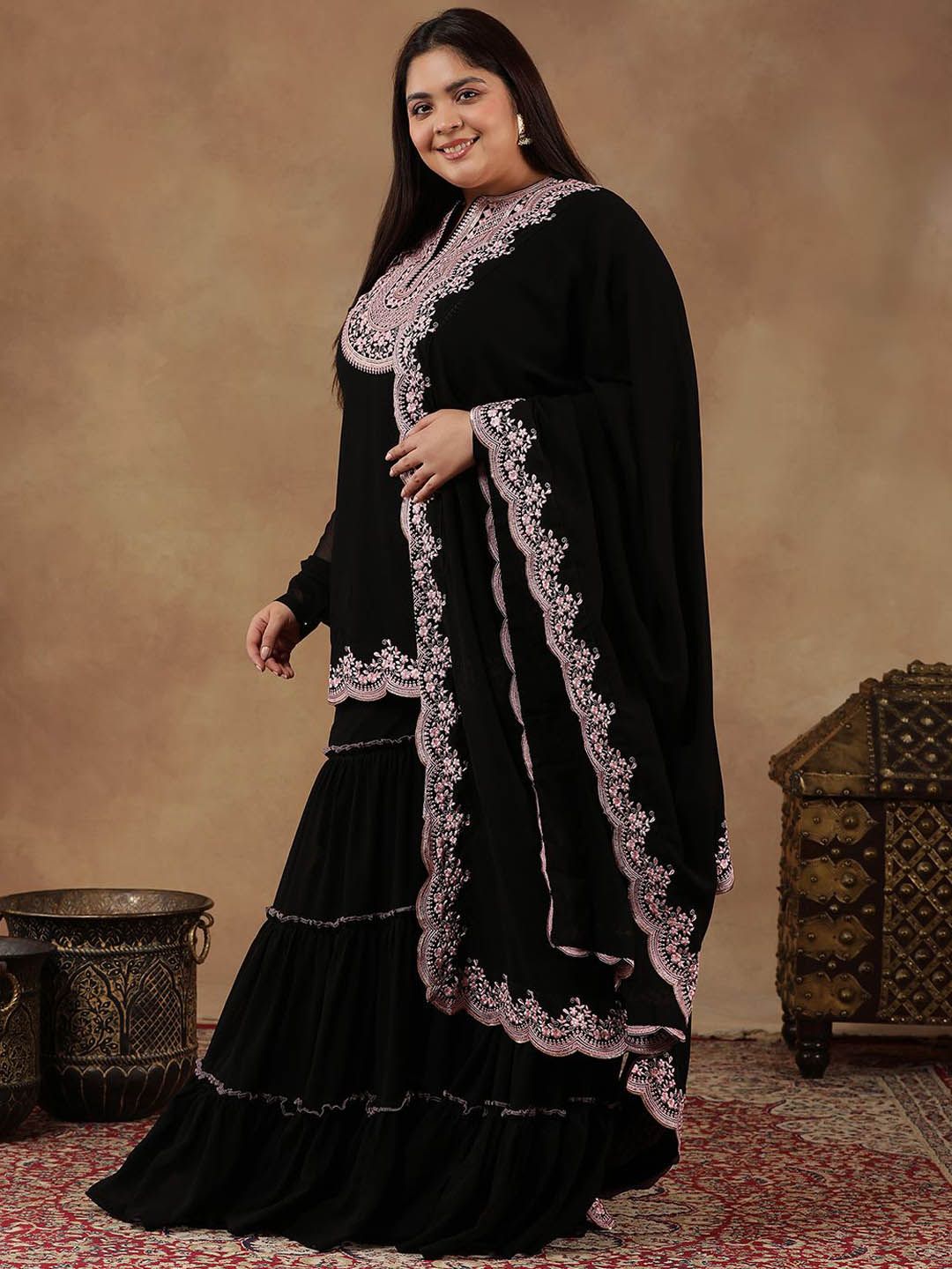 Dhiyona IN Szie Floral Embroidered Thread Work Kurta With Sharara & Dupatta