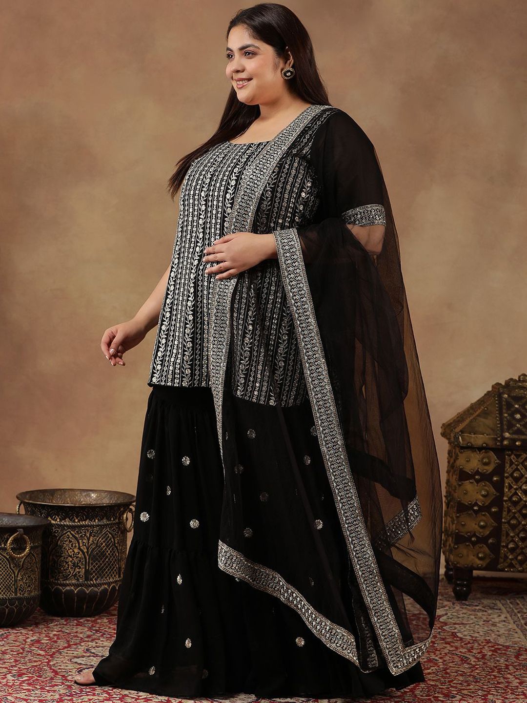 Dhiyona IN Size Floral Embroidered Thread Work Straight Kurta With Sharara & Dupatta