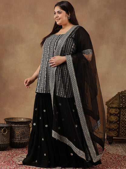 Dhiyona IN Size Floral Embroidered Thread Work Straight Kurta With Sharara & Dupatta