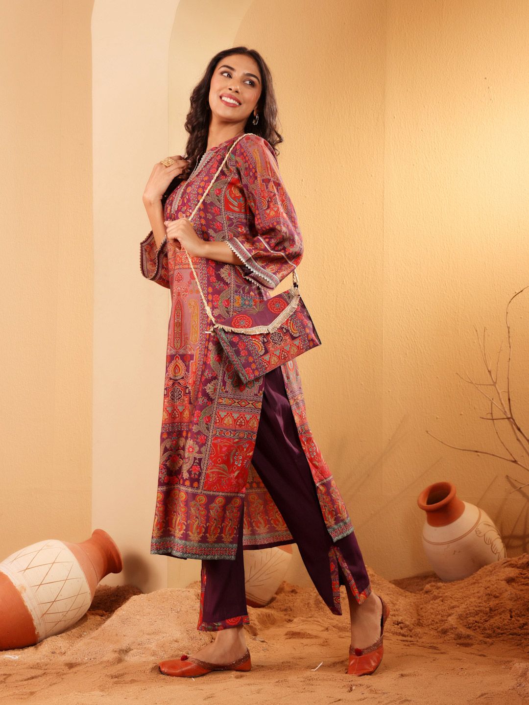 Dhiyona VA Women'sEthnic Motifs Printed Gotta Patti Chanderi Silk Kurta With Trousers