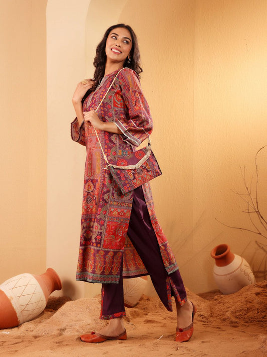 Dhiyona VA Women'sEthnic Motifs Printed Gotta Patti Chanderi Silk Kurta With Trousers