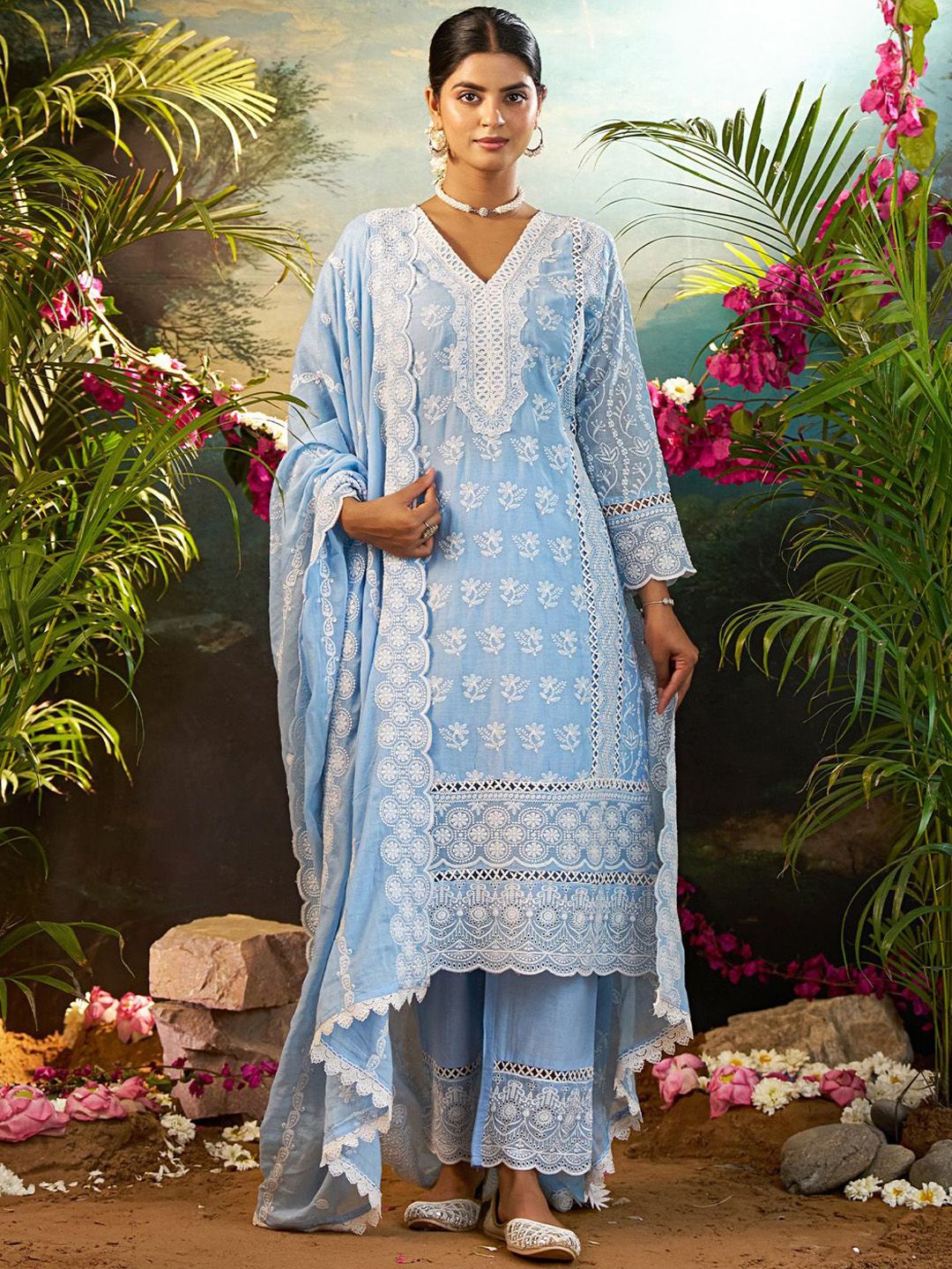 Women Ethnic Motifs Embroidered Thread Work Cotton Kurta with Trousers & Dupatta