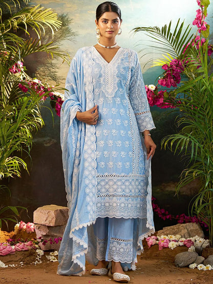 Women Ethnic Motifs Embroidered Thread Work Cotton Kurta with Trousers & Dupatta