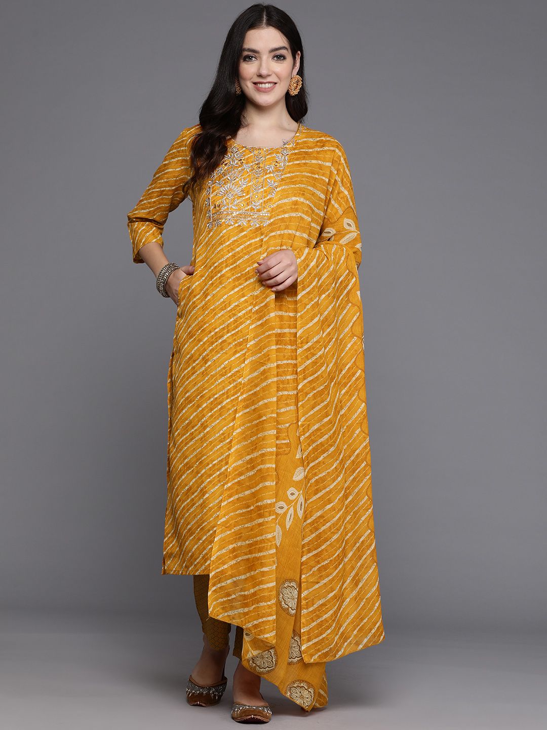 Dhiyona IE Women Floral Yoke Design Regular Pure Cotton Kurta with Trousers & With Dupatta