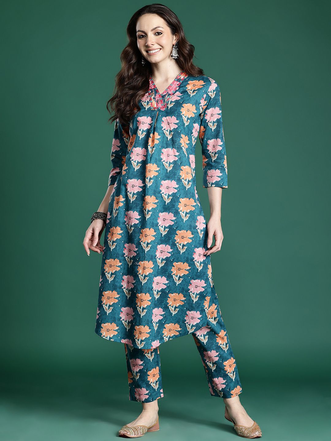Floral Printed Pleated Pure Cotton Kurta with Trousers