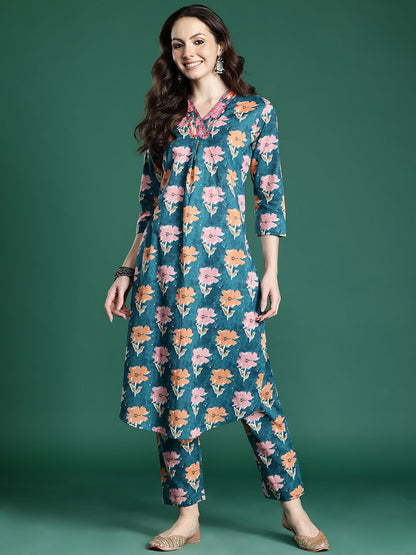 Floral Printed Pleated Pure Cotton Kurta with Trousers