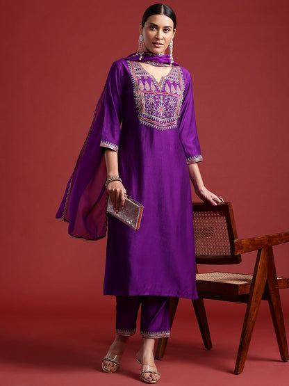 Dhiyona IE Ethnic Motifs Yoke Design Liva Kurta With Trousers & Dupatta