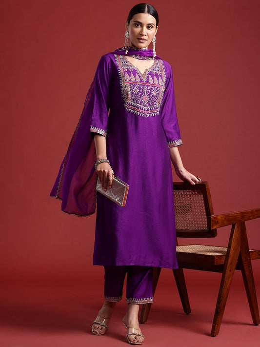 Dhiyona IE Ethnic Motifs Yoke Design Liva Kurta With Trousers & Dupatta
