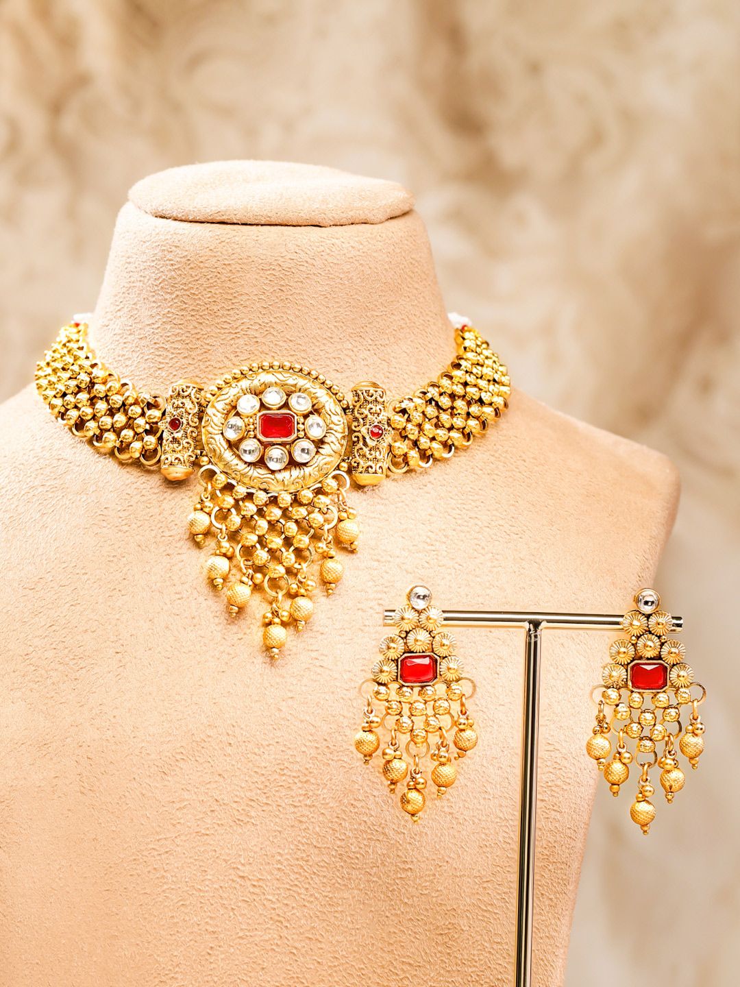 Dhiyona RJ Women's 22K Gold Plated Ruby & White Kundan Studded Choker Jewellery Set with Golden Beads