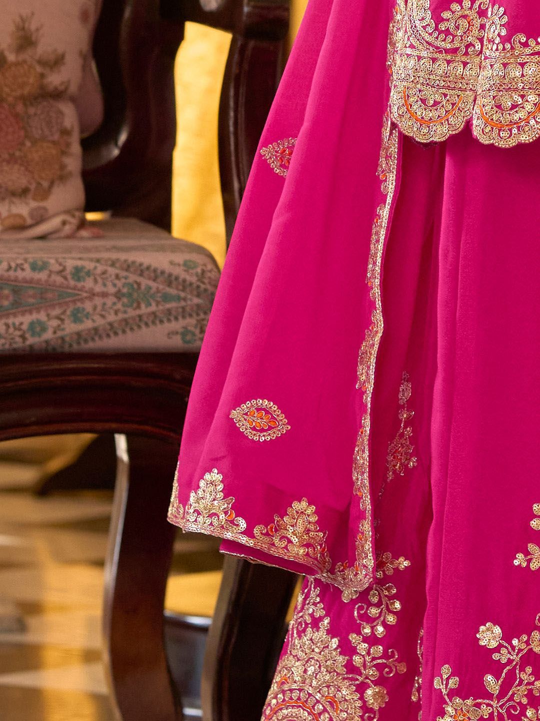 Floral Embroidered Sequinned Chinon A-Line Kurta With Palazzos & Dupatta