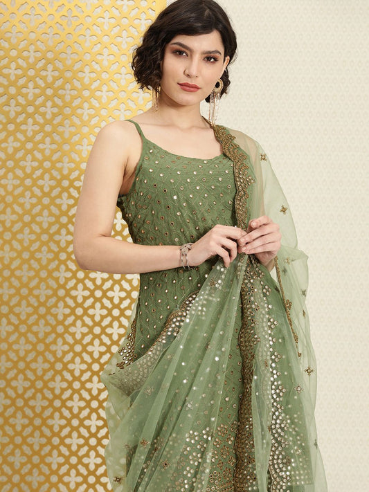 Dhiyona PD Women Women Green Mirror Work Jashn Kurta with Palazzos & With Dupatta