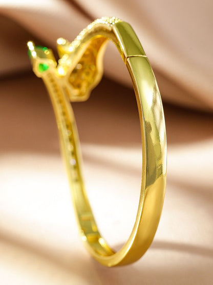 Dhiyona RJ Women's 22K Gold Plated Demi Fine Panther Bracelet with Green Black & White Cubic Zirconia